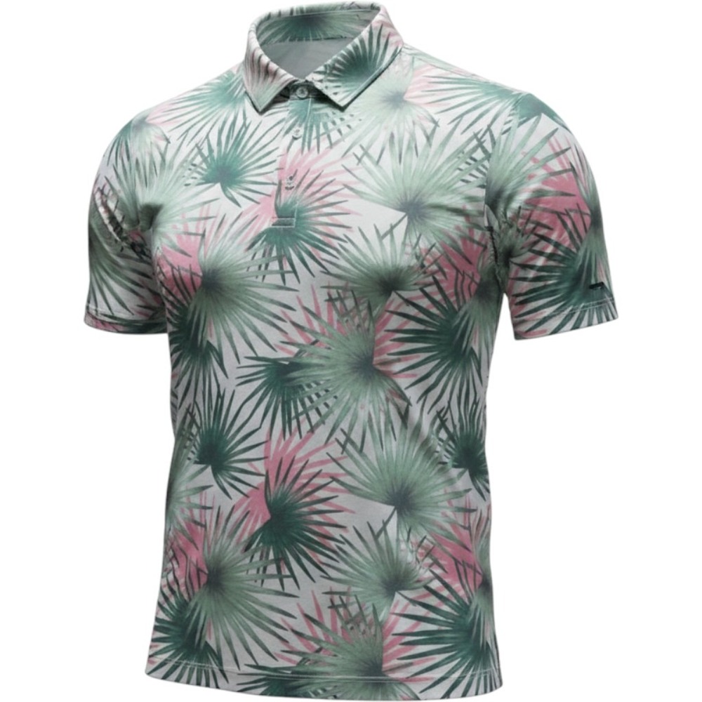 Bad Birdie Mens Medium Golf Polo Shirt Tropical Palm Leaf Print Pink Green M